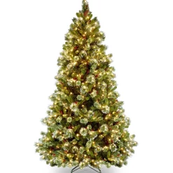7Ft - 9Ft-National Tree Company Pre-Lit Artificial Christmas Tree, Wintry Pine, Green, White Lights, Decorated With Pine Cones, Berry Clusters, Includes Stand, 7.5 Feet