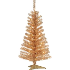 Under 5Ft-National Tree Company Pre-Lit Artificial Christmas Tree, Champagne Gold Tinsel, White Lights, Includes Stand, 4 Feet
