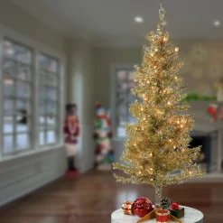 Under 5Ft-National Tree Company Pre-Lit Artificial Christmas Tree, Champagne Gold Tinsel, White Lights, Includes Stand, 4 Feet