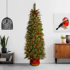 National Tree Company Potted Plants^Pre-Lit Artificial Entrance Christmas Tree, Colonial Fir, Green, White Lights, Decorated With Flowers, Includes Metal Base, 6 Feet