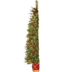 National Tree Company Potted Plants^Pre-Lit Artificial Entrance Christmas Tree, Colonial Fir, Green, White Lights, Decorated With Flowers, Includes Metal Base, 6 Feet