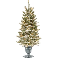 Clear-National Tree Company Pre-Lit Artificial Entrance Christmas Tree, Snowy Sheffield Spruce, Green, White Lights, Includes Metal Base, 4 Feet