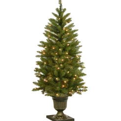 5Ft - 6Ft-National Tree Company Pre-Lit Artificial Entrance Christmas Tree, Green, Dunhill Fir, White Lights, Includes Decorative Urn Base, 4 Feet