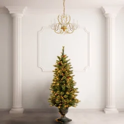 Slim-National Tree Company Pre-Lit Artificial Entrance Christmas Tree, Glittery Gold Pine, Green, White Lights, Decorated With Berry Clusters, Pine Cones, Includes Metal Base, 4 Feet