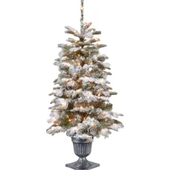 National Tree Company Slim^Pre-Lit Artificial Entrance Christmas Tree, Snowy Camden, Green, White Lights, Includes Metal Base, 4 Feet