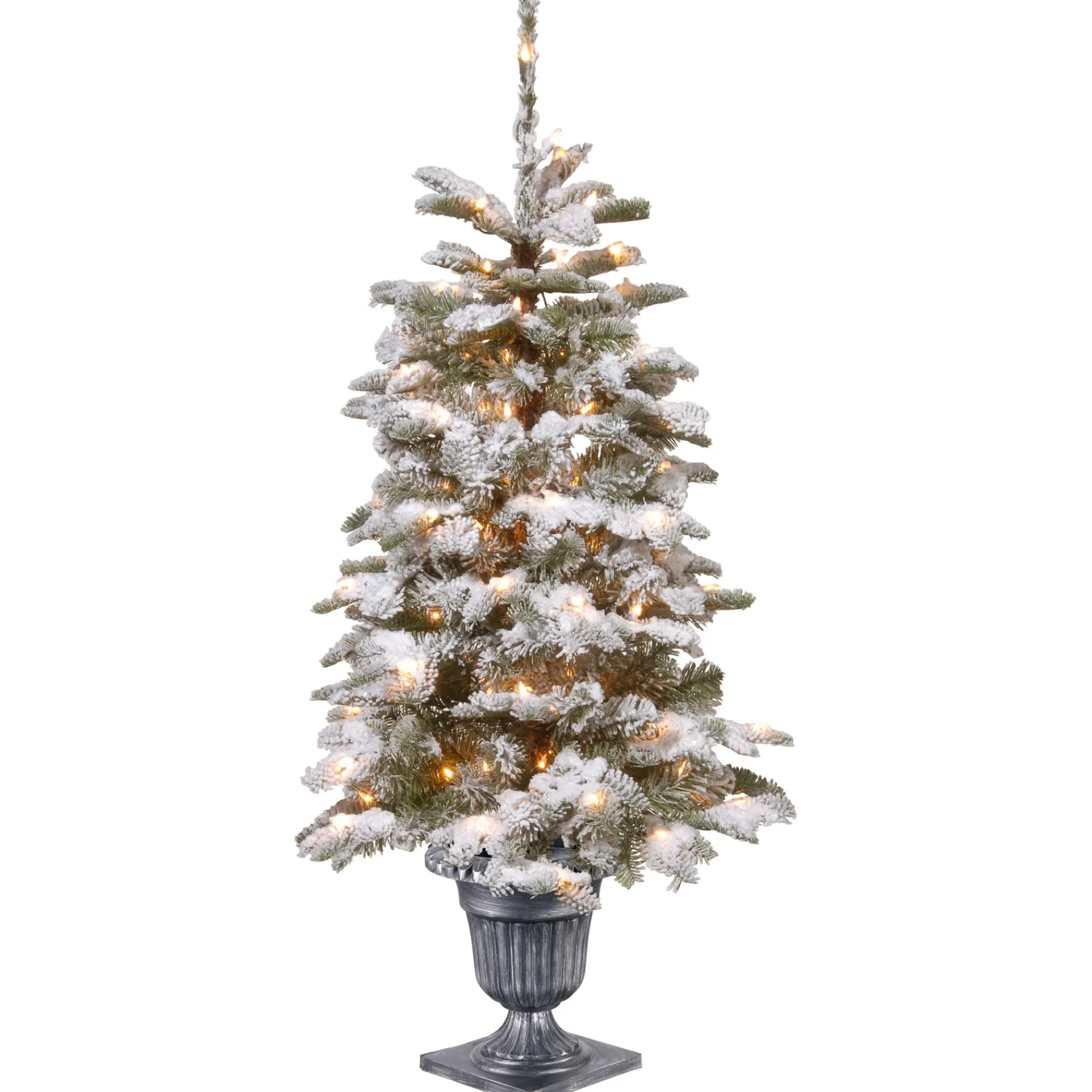 National Tree Company Slim^Pre-Lit Artificial Entrance Christmas Tree, Snowy Camden, Green, White Lights, Includes Metal Base, 4 Feet