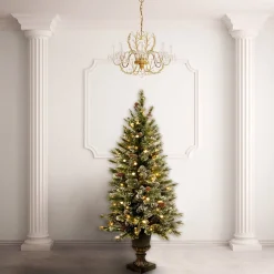 Warm White Led-National Tree Company Pre-Lit Artificial Entrance Christmas Tree, Green, Glittery Bristle Pine, White Lights, Flocked With Pine Cones, Frosted Branches, Includes Stand, 5 Feet