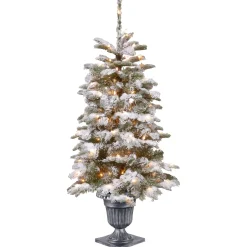5Ft - 6Ft-National Tree Company Pre-Lit Artificial Entrance Christmas Tree, Snowy Camden, Green, White Lights, Includes Metal Base, 4 Feet