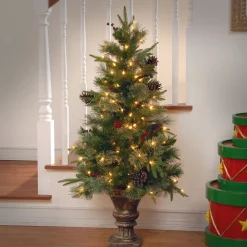 Under 5Ft-National Tree Company Pre-Lit Artificial Entrance Christmas Tree, Snowy Bristle Berry Pine, Green, White Lights, Decorated With Pine Cones, Includes Metal Base, 4 Feet