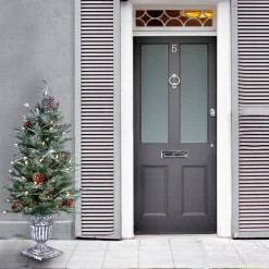 National Tree Company Slim^Pre-Lit Artificial Entrance Christmas Tree, Frosted Mountain Spruce, Green, White Lights, Decorated With Berry Clusters, Pine Cones, Includes Metal Base, 4 Feet