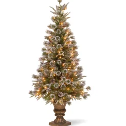Slim-National Tree Company Pre-Lit Artificial Entrance Christmas Tree, Liberty Pine, Green, White Lights, Decorated With Pine Cones, Includes Metal Base, 4 Feet