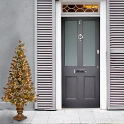 Slim-National Tree Company Pre-Lit Artificial Entrance Christmas Tree, Liberty Pine, Green, White Lights, Decorated With Pine Cones, Includes Metal Base, 4 Feet