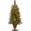Slim-National Tree Company Pre-Lit Artificial Entrance Christmas Tree, Bristle Berry Pine, Green, White Lights, Decorated With Berry Clusters, Pine Cones, Includes Metal Base, 4 Feet