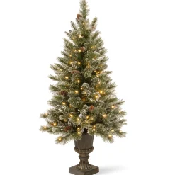 National Tree Company Slim^Pre-Lit Artificial Entrance Christmas Tree, Green, Glittery Bristle Pine, White Led Lights, Flocked With Pine Cones, Frosted Branches, Includes Decorative Urn Base, 5 Feet