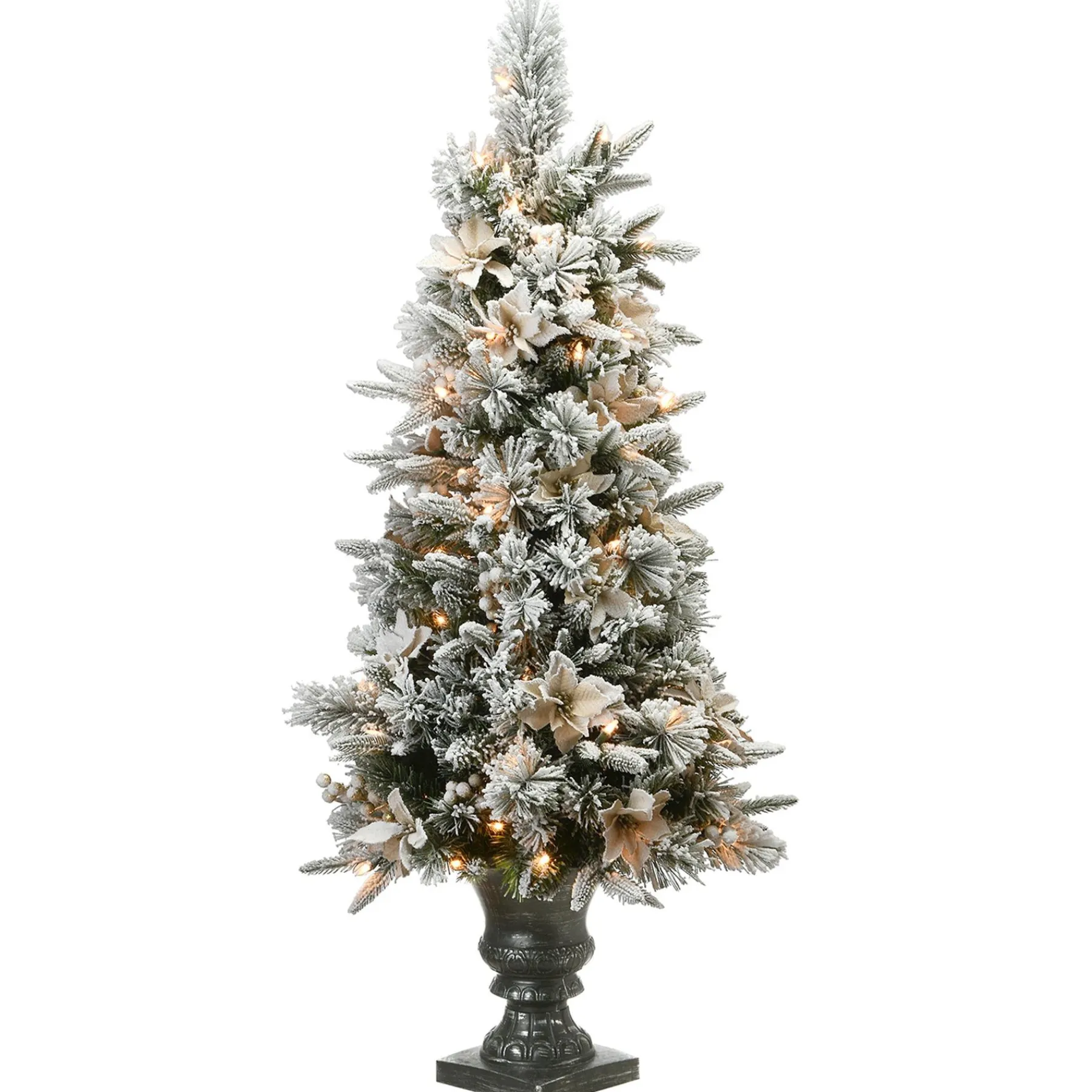 Clear-National Tree Company Pre-Lit Artificial Entrance Christmas Tree, Colonial Fir, Green, White Lights, Decorated With Flowers, Includes Metal Base, 6 Feet