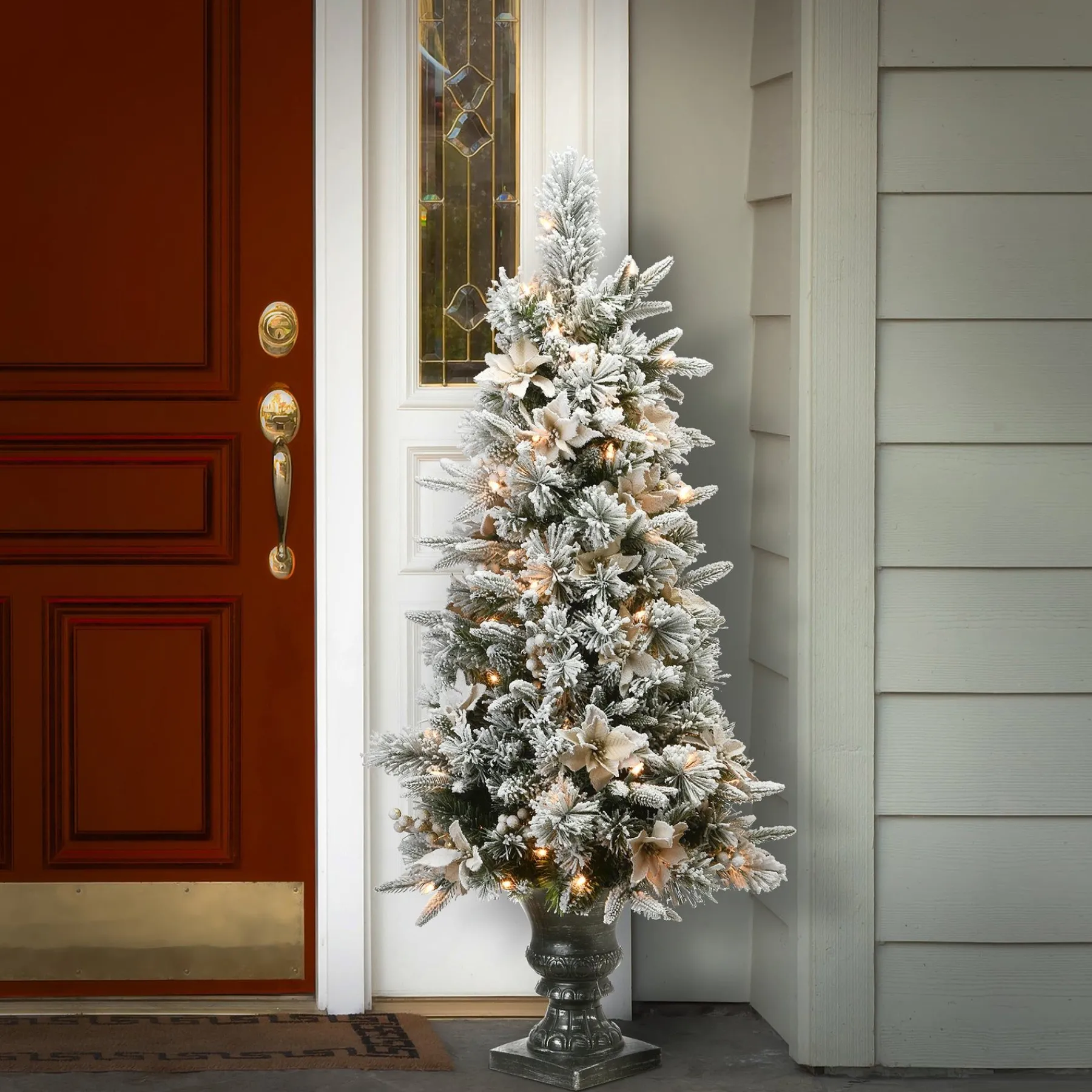Clear-National Tree Company Pre-Lit Artificial Entrance Christmas Tree, Colonial Fir, Green, White Lights, Decorated With Flowers, Includes Metal Base, 6 Feet