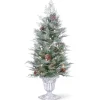 Slim-National Tree Company Pre-Lit Artificial Entrance Christmas Tree, Frosted Mountain Spruce, Green, White Lights, Decorated With Berry Clusters, Pine Cones, Includes Metal Base, 4 Feet