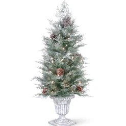 Slim-National Tree Company Pre-Lit Artificial Entrance Christmas Tree, Frosted Mountain Spruce, Green, White Lights, Decorated With Berry Clusters, Pine Cones, Includes Metal Base, 4 Feet