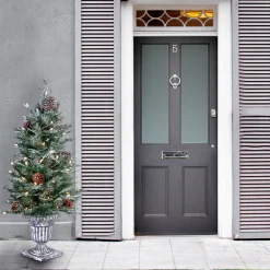 Slim-National Tree Company Pre-Lit Artificial Entrance Christmas Tree, Frosted Mountain Spruce, Green, White Lights, Decorated With Berry Clusters, Pine Cones, Includes Metal Base, 4 Feet