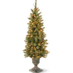 National Tree Company Slim^Pre-Lit Artificial Entrance Christmas Tree, Glittery Gold Pine, Green, White Lights, Decorated With Berry Clusters, Pine Cones, Includes Metal Base, 4 Feet