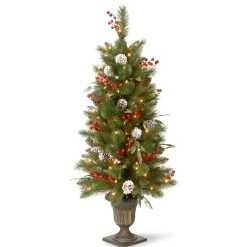 Slim-National Tree Company Pre-Lit Artificial Entrance Christmas Tree, Frosted Berry Pine, Green, White Lights, Decorated With Berry Clusters, Pine Cones, Includes Metal Base, 4 Feet