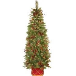 National Tree Company Slim^Pre-Lit Artificial Entrance Christmas Tree, Colonial Fir, Green, White Lights, Decorated With Flowers, Includes Metal Base, 6 Feet