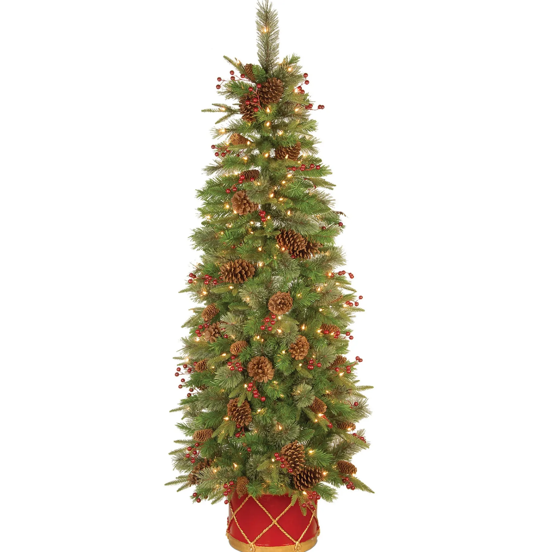National Tree Company Slim^Pre-Lit Artificial Entrance Christmas Tree, Colonial Fir, Green, White Lights, Decorated With Flowers, Includes Metal Base, 6 Feet