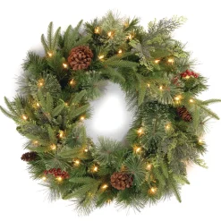 25" To 36" Wreath-National Tree Company Pre-Lit Artificial 'Feel Real' Christmas Wreath, Green, Colonial Fir, White Lights, Decorated With Berry Clusters, Pine Cones, Christmas Collection, 30 Inches