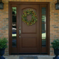 25" To 36" Wreath-National Tree Company Pre-Lit Artificial 'Feel Real' Christmas Wreath, Green, Colonial Fir, White Lights, Decorated With Berry Clusters, Pine Cones, Christmas Collection, 30 Inches