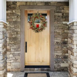 21" To 24" Wreath-National Tree Company Pre-Lit Artificial 'Feel Real' Christmas Wreath, Green, Bristle Berry Pine, White Lights, Decorated With Berry Clusters, Pine Cones, Candle Holder, Christmas Collection, 24 Inches