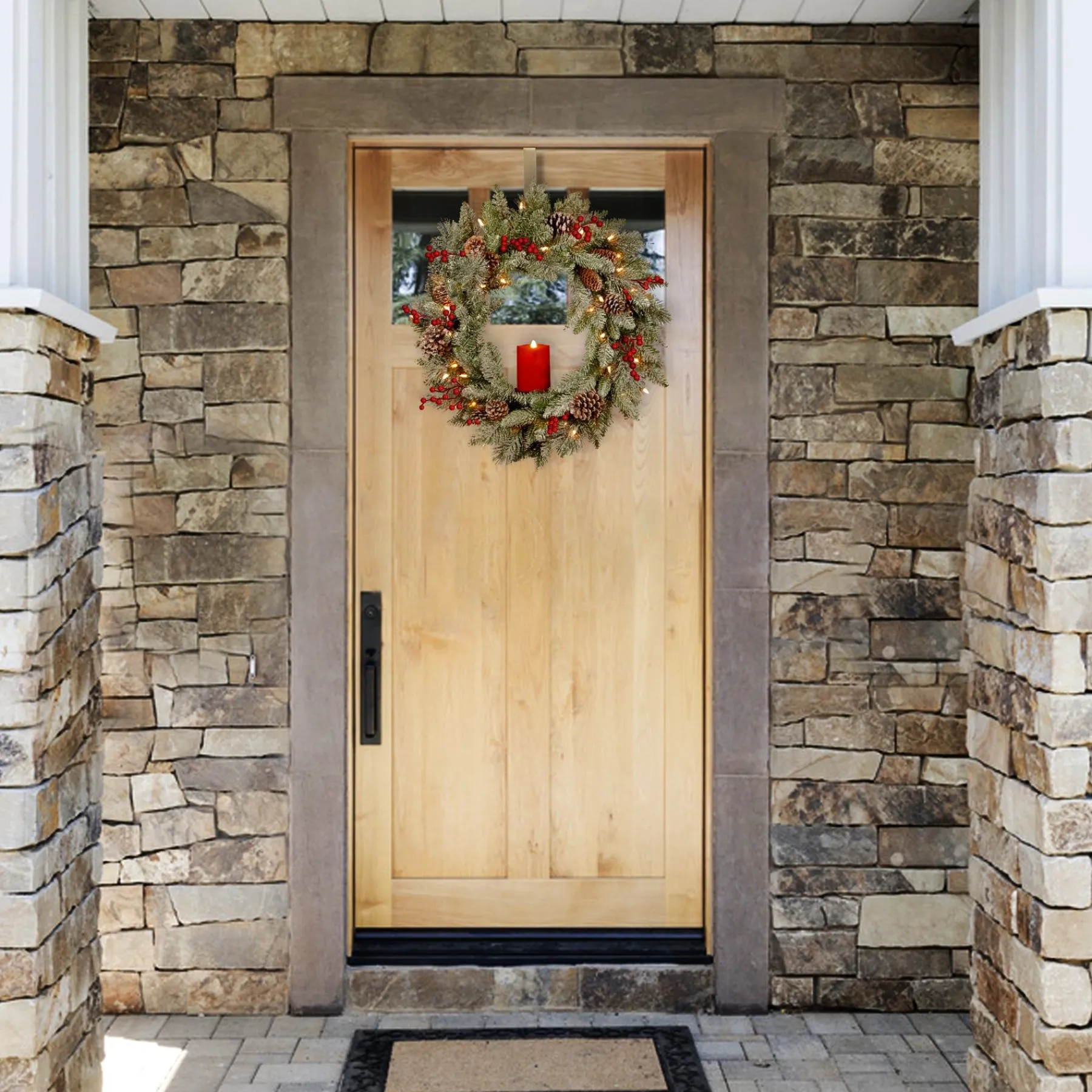 21" To 24" Wreath-National Tree Company Pre-Lit Artificial 'Feel Real' Christmas Wreath, Green, Bristle Berry Pine, White Lights, Decorated With Berry Clusters, Pine Cones, Candle Holder, Christmas Collection, 24 Inches