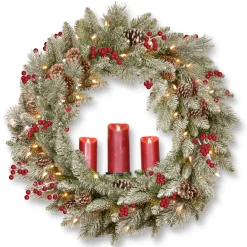 25" To 36" Wreath-National Tree Company Pre-Lit Artificial 'Feel Real' Christmas Wreath, Green, Bristle Berry Pine, White Lights, Decorated With Berry Clusters, Pine Cones, Candle Holder, Christmas Collection, 36 Inches