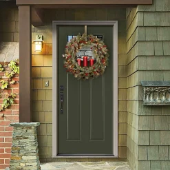 25" To 36" Wreath-National Tree Company Pre-Lit Artificial 'Feel Real' Christmas Wreath, Green, Bristle Berry Pine, White Lights, Decorated With Berry Clusters, Pine Cones, Candle Holder, Christmas Collection, 36 Inches