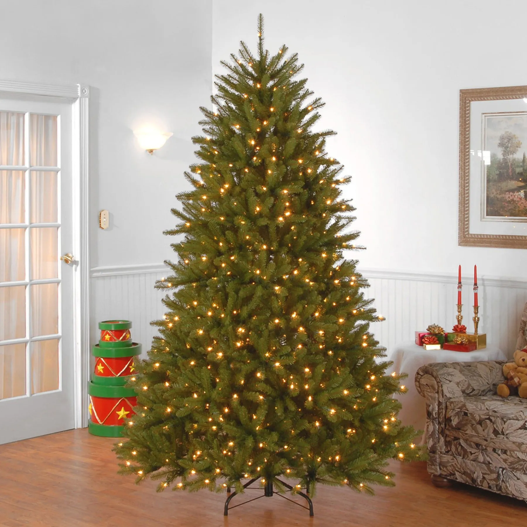 7Ft - 9Ft-National Tree Company Pre-Lit Artificial Full Christmas Tree, Green, Dunhill Fir, White Lights, Includes Stand, 7.5 Feet