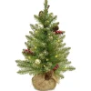 National Tree Company Full^Pre-Lit Artificial Full Christmas Tree, Glittery Gold, Dunhill Fir, White Lights, Decorated With Pine Cones, Berry Clusters, Frosted Branches, Includes Burlap Base, 2 Feet