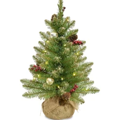 National Tree Company Full^Pre-Lit Artificial Full Christmas Tree, Glittery Gold, Dunhill Fir, White Lights, Decorated With Pine Cones, Berry Clusters, Frosted Branches, Includes Burlap Base, 2 Feet