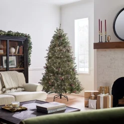 Full-National Tree Company Pre-Lit Artificial Full Christmas Tree, Green, Dunhill Fir, White Lights, Decorated With Pine Cones, Berry Clusters, Frosted Branches, Includes Stand, 7 Feet