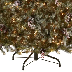 Full-National Tree Company Pre-Lit Artificial Full Christmas Tree, Green, Dunhill Fir, White Lights, Decorated With Pine Cones, Berry Clusters, Frosted Branches, Includes Stand, 7 Feet
