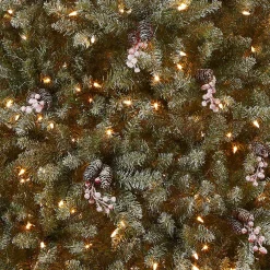 Full-National Tree Company Pre-Lit Artificial Full Christmas Tree, Green, Dunhill Fir, White Lights, Decorated With Pine Cones, Berry Clusters, Frosted Branches, Includes Stand, 7 Feet