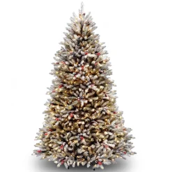 Full-National Tree Company Pre-Lit Artificial Full Christmas Tree, Green, Dunhill Fir, White Lights, Decorated With Pine Cones, Berry Clusters, Frosted Branches, Includes Stand, 7 Feet