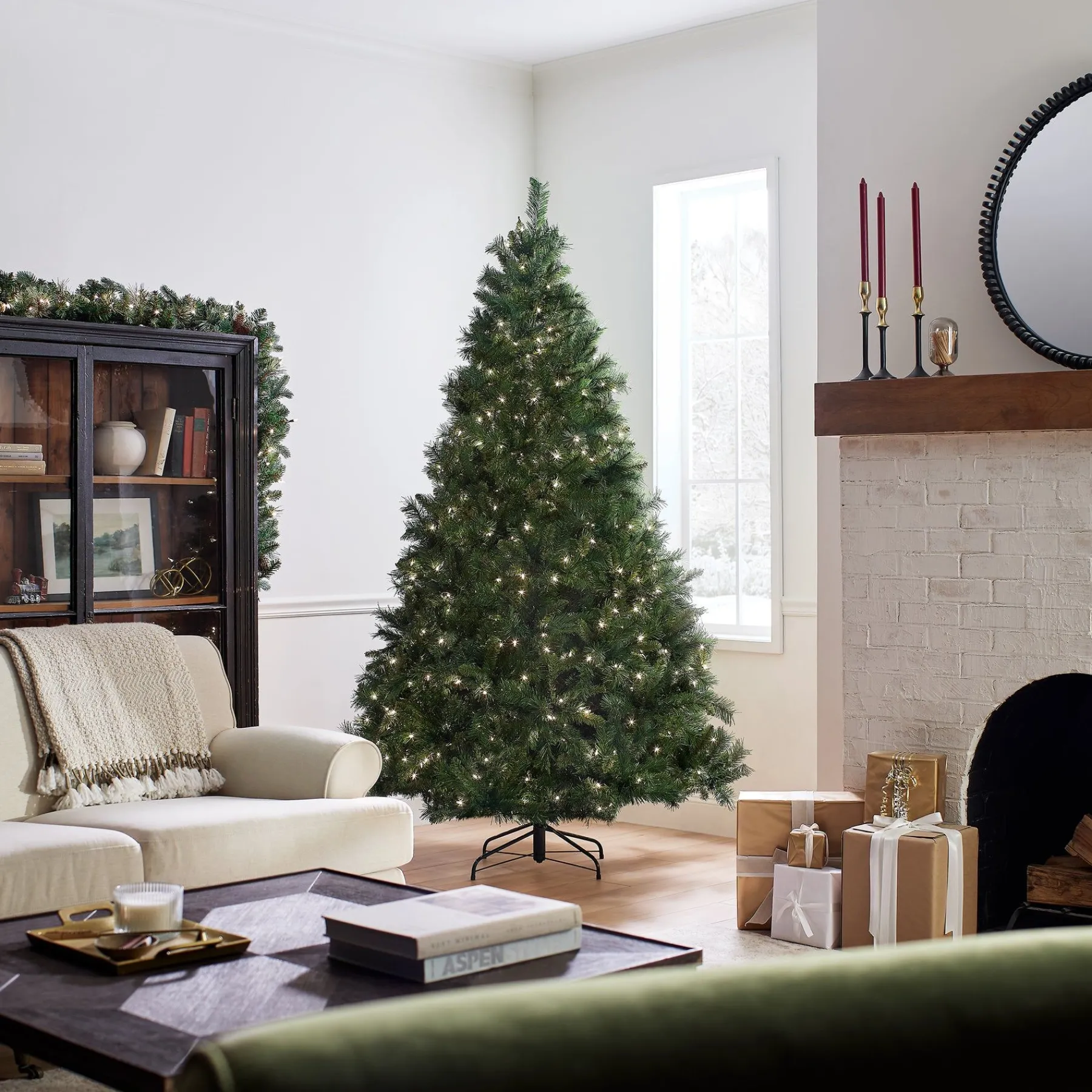 Full-National Tree Company Pre-Lit Artificial Full Christmas Tree, Green, Winchester Pine, White Lights, Includes Stand, 7.5 Feet