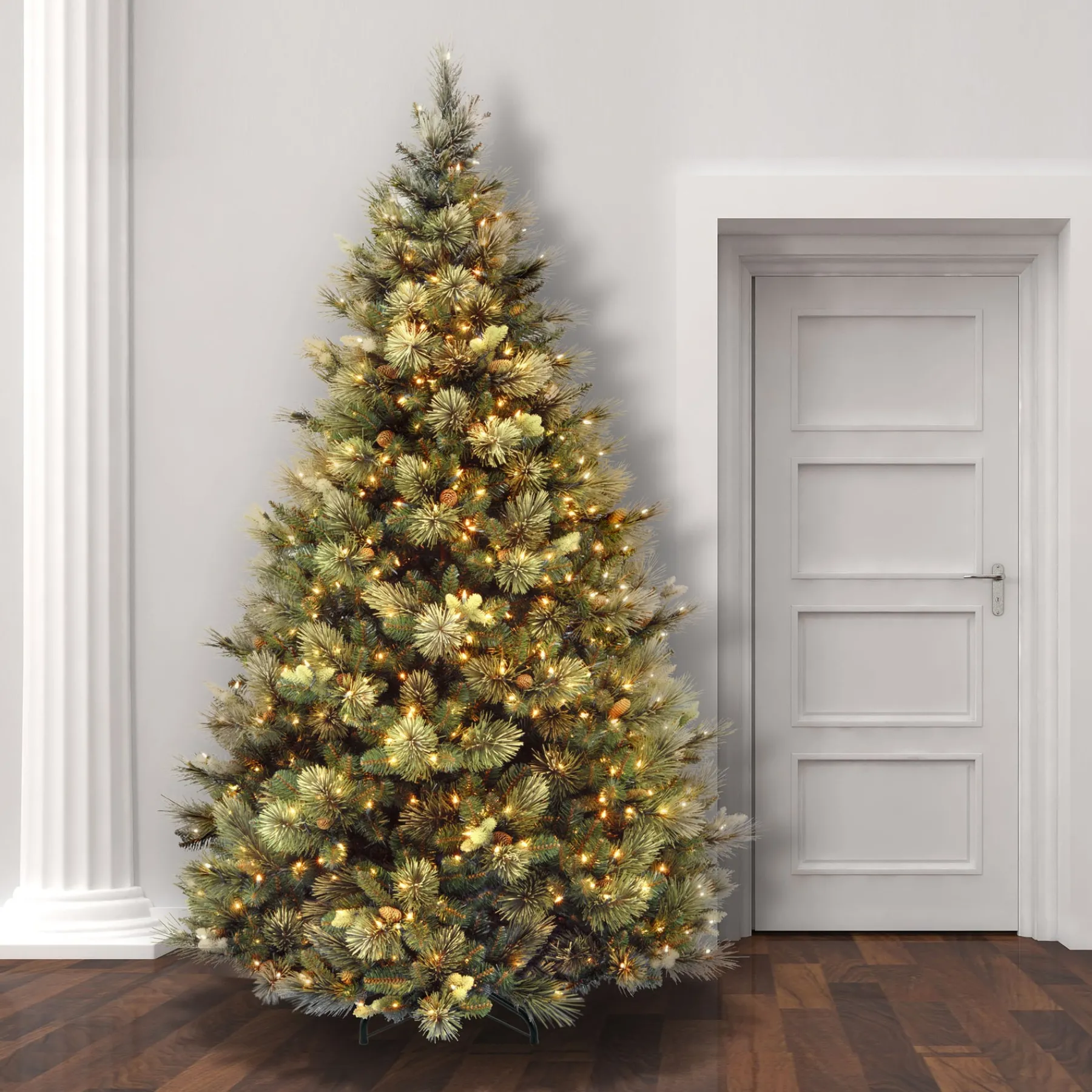 National Tree Company Full^Pre-Lit Artificial Full Christmas Tree, Green, Carolina Pine, White Lights, Includes Stand, 7.5 Feet