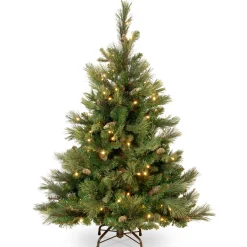5Ft - 6Ft-National Tree Company Pre-Lit Artificial Full Christmas Tree, Green, Carolina Pine, White Lights, Flocked With Pine Cones, Includes Stand, 4.5 Feet