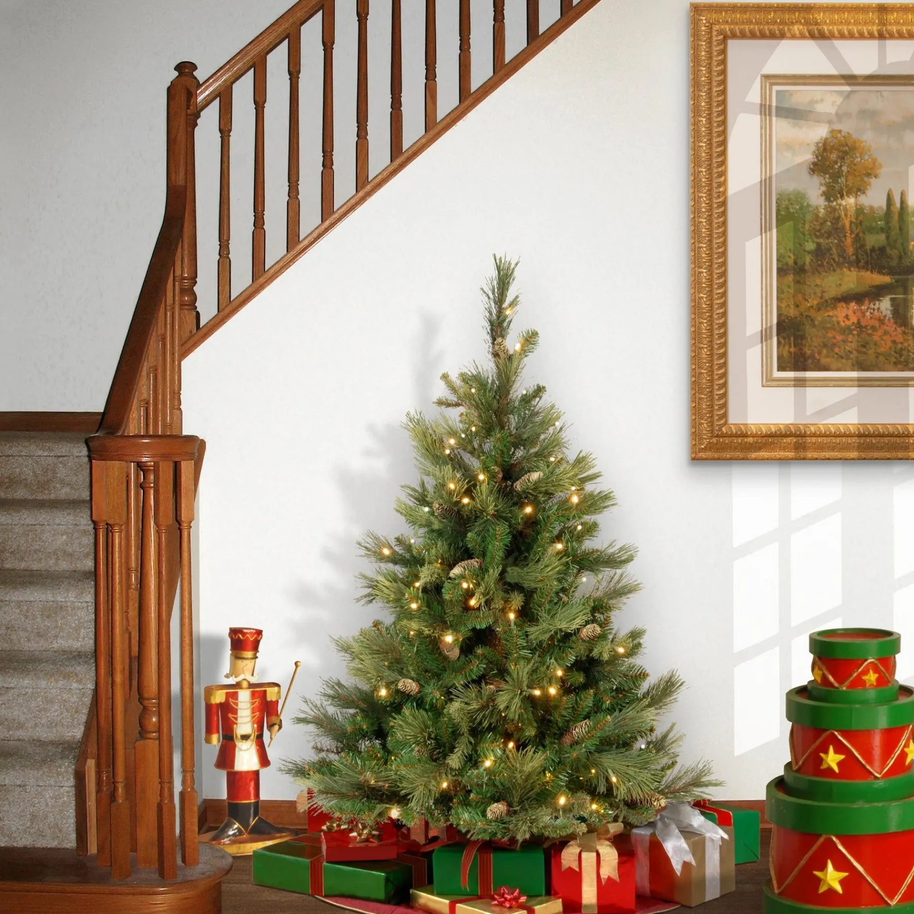 5Ft - 6Ft-National Tree Company Pre-Lit Artificial Full Christmas Tree, Green, Carolina Pine, White Lights, Flocked With Pine Cones, Includes Stand, 4.5 Feet