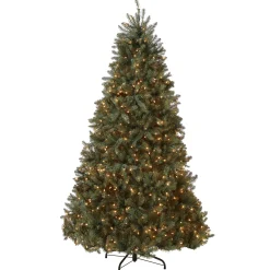 Full-National Tree Company Pre-Lit Artificial Full Christmas Tree, Blue, Dunhill Fir, White Lights, Includes Stand, 7.5 Feet