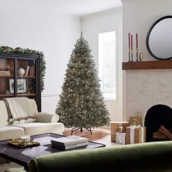 Full-National Tree Company Pre-Lit Artificial Full Christmas Tree, Blue, Dunhill Fir, White Lights, Includes Stand, 7.5 Feet