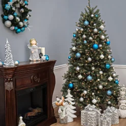 Full-National Tree Company Pre-Lit Artificial Full Christmas Tree, Blue, Dunhill Fir, White Lights, Includes Stand, 7.5 Feet