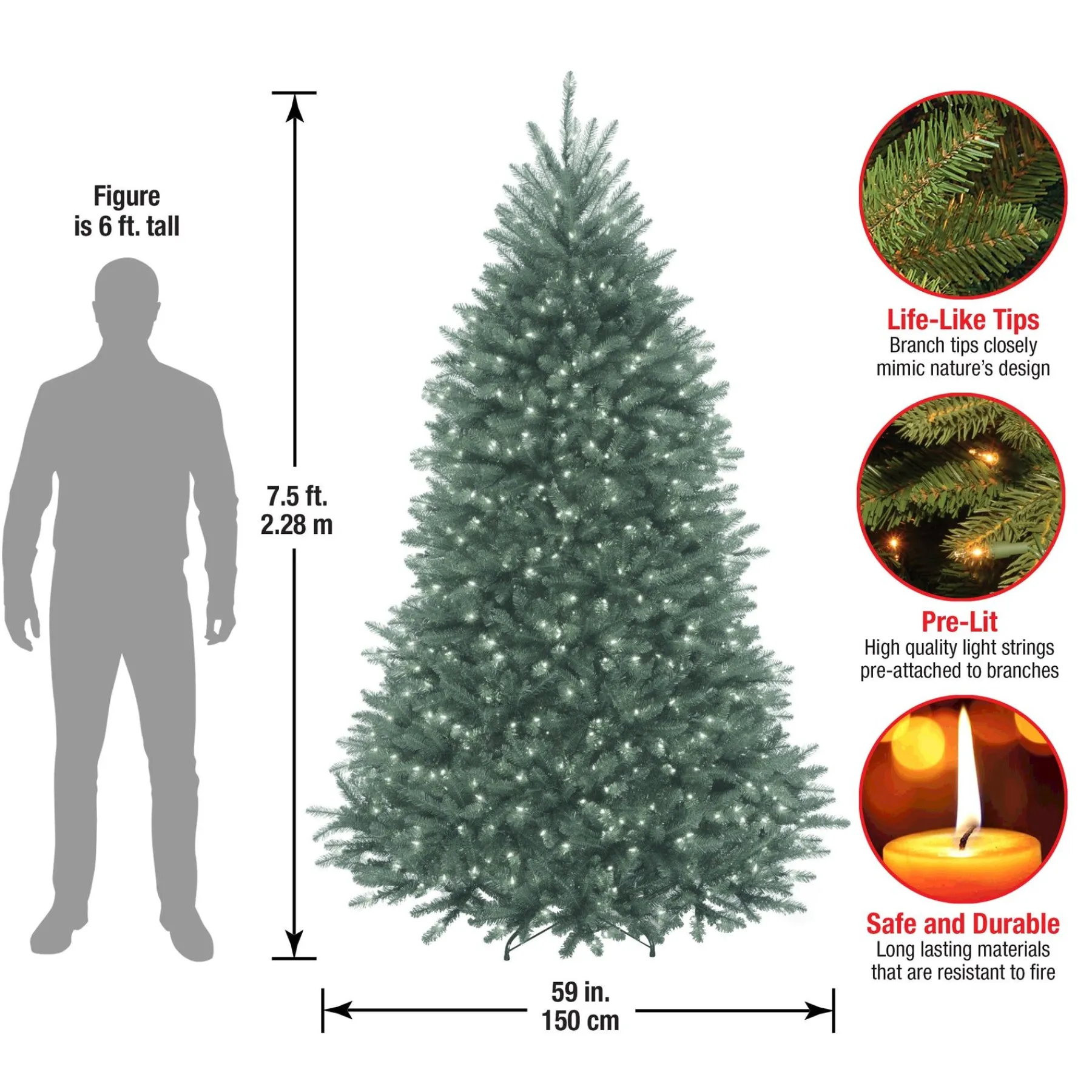 Full-National Tree Company Pre-Lit Artificial Full Christmas Tree, Blue, Dunhill Fir, White Lights, Includes Stand, 7.5 Feet
