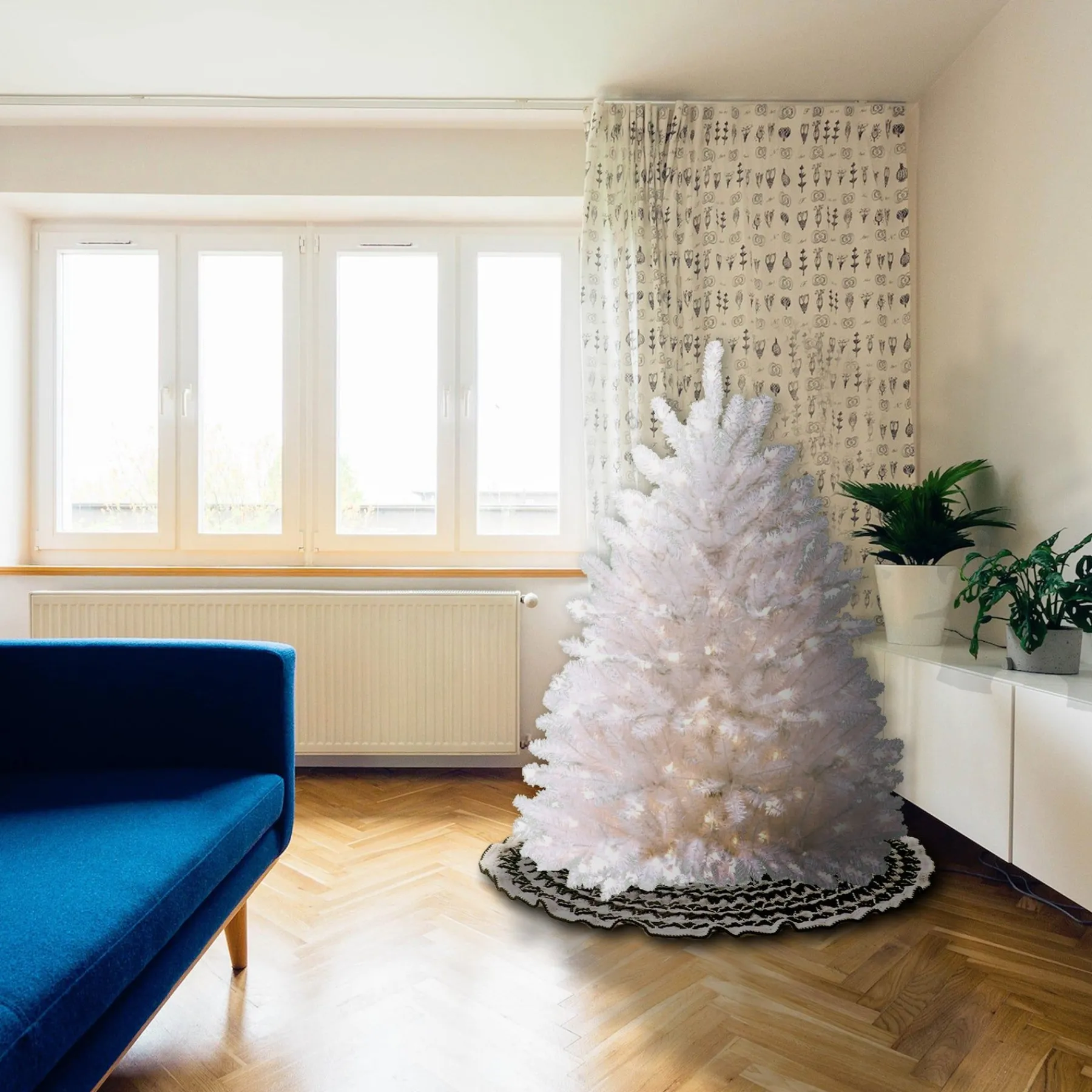 Full-National Tree Company Pre-Lit Artificial Full Christmas Tree, White, Dunhill Fir, White Lights, Includes Stand, 4.5 Feet