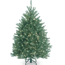 Full-National Tree Company Pre-Lit Artificial Full Christmas Tree, Blue, Dunhill Fir, White Lights, Includes Stand, 4.5 Feet